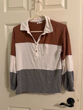 Maurices womens Colorblock Rugby Shirt - Brown White Gray